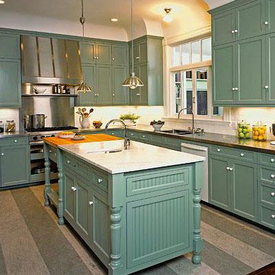 retro mint green kitchen classic cabinets and a kitchen island with a white marble countertop