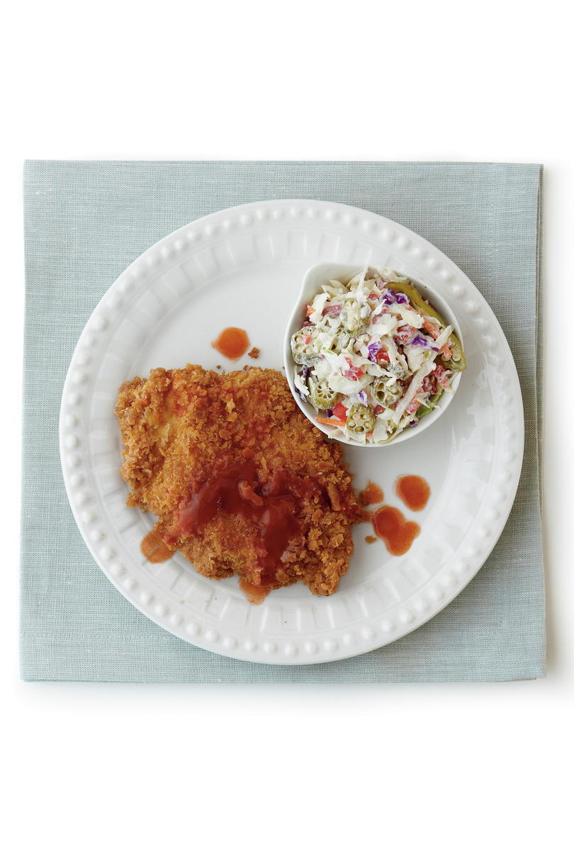 गरम Sauce Fried Chicken with Pickled Okra Slaw