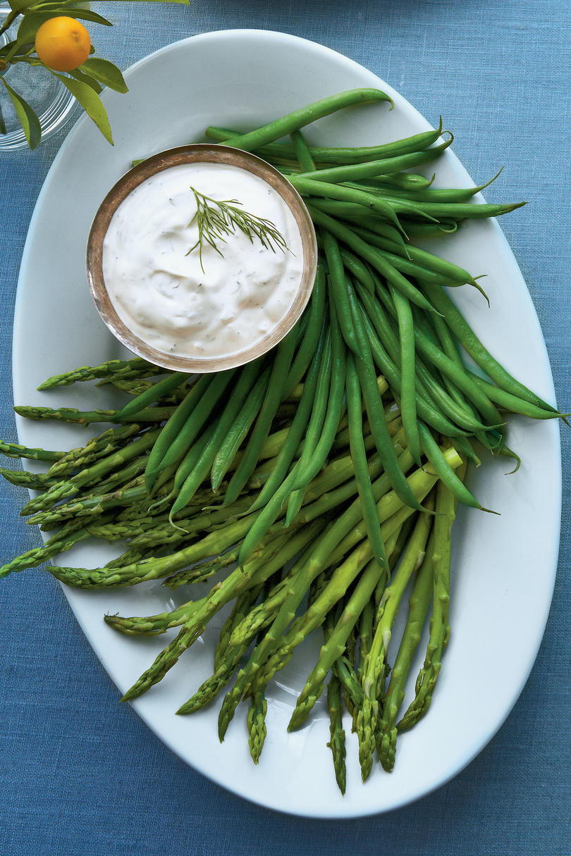 vitrina the first signs of springs with tender spears of asparagus and haricots verts serving as crudites for this creamy fresh herb dip.