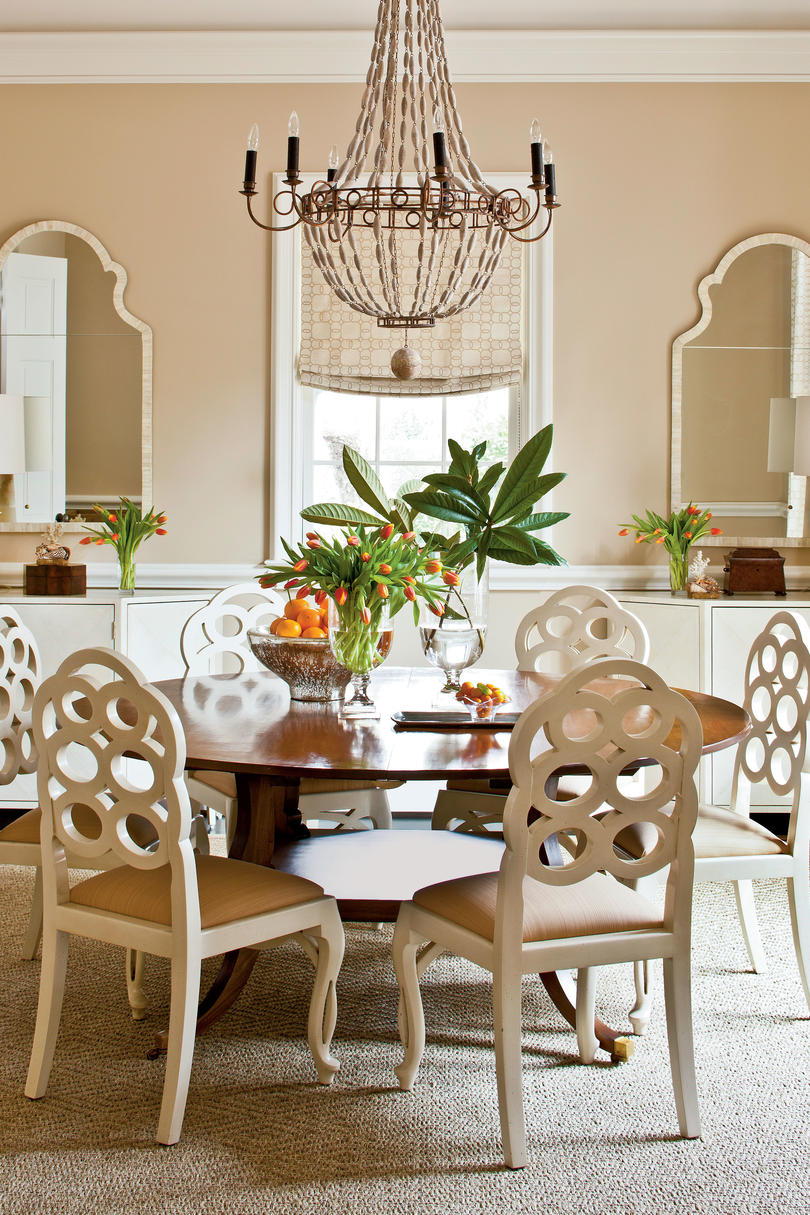 A large round table in a square dining room makes conversations easier and most have leaves for extra seating.