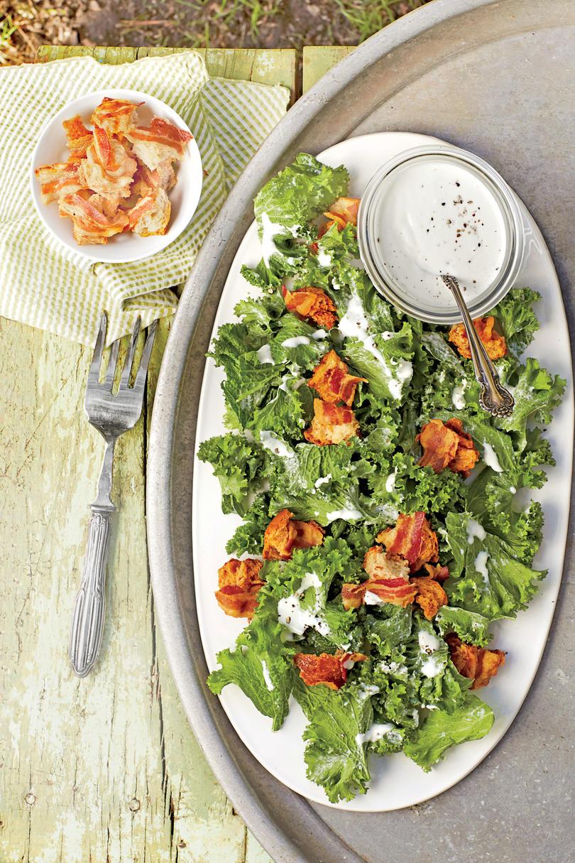 Senf Greens with Yogurt-Parmesan Dressing and Bacon Croutons