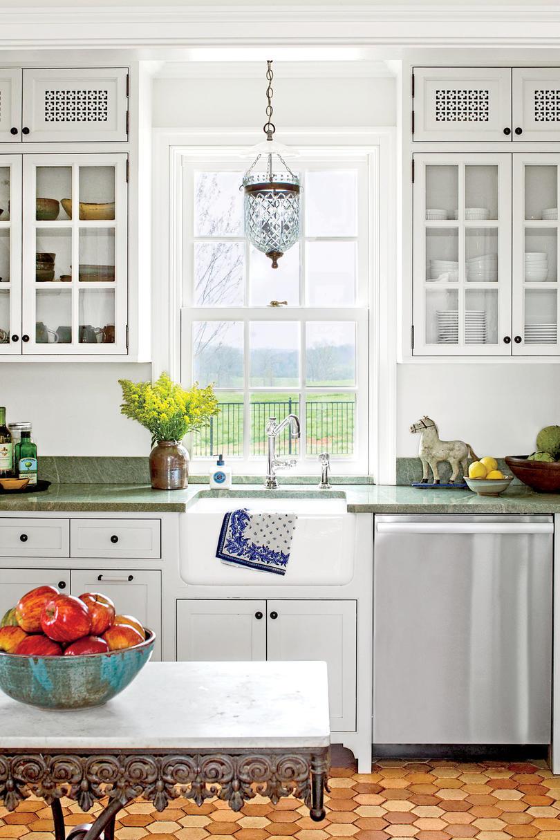Klasik White Kitchen with Green Countertops
