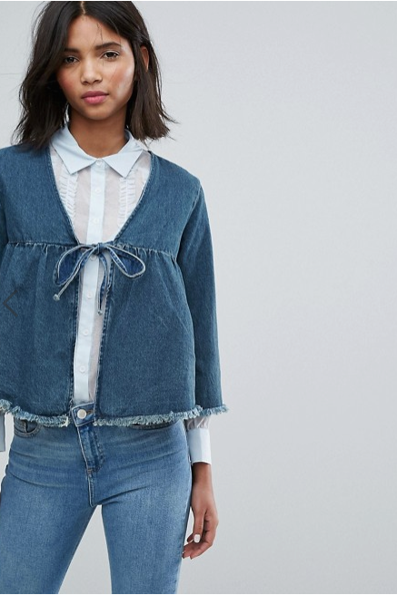 खो गया Ink Cropped Denim Jacket With Bow