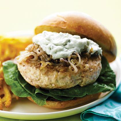 Kana Burgers with Caramelized Shallots and Blue Cheese