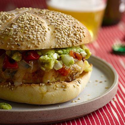 मुर्गी Burgers with Guacamole, Cheddar, and Charred Tomatoes