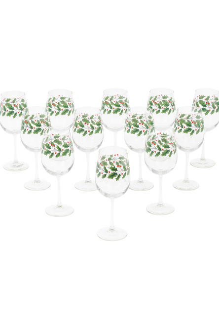 12pc Holly & Berries Wine Glasses