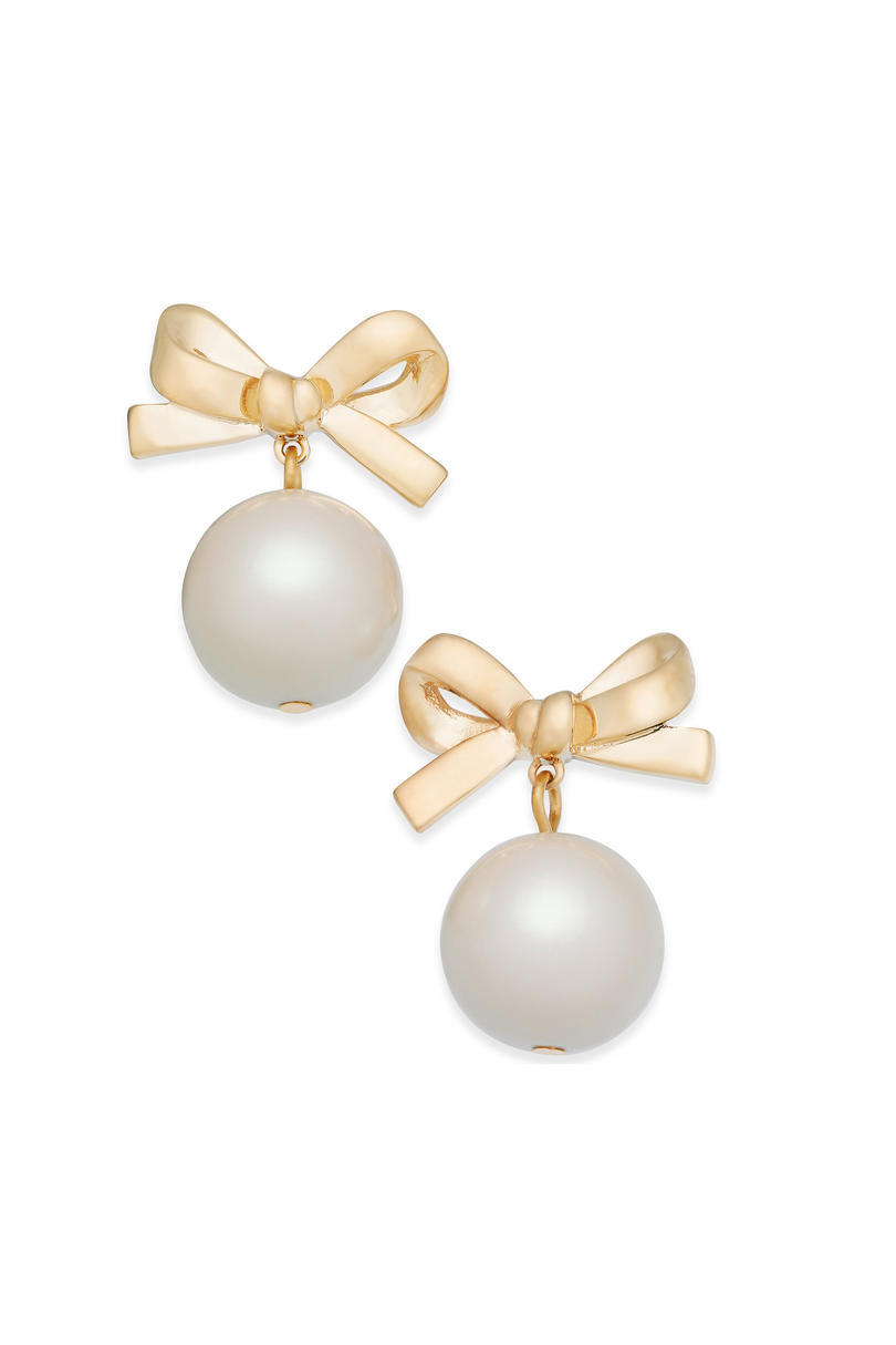 केट Spade New York 14k Gold-Plated Imitation Pearl Bow Drop Earrings