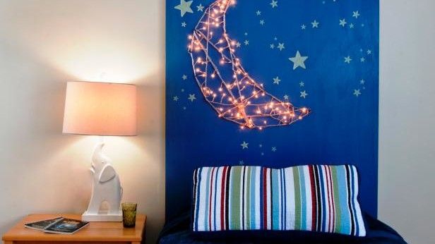 12 Ways to Use Your Christmas Lights in the Summer DIY Light Up Moon Headboard