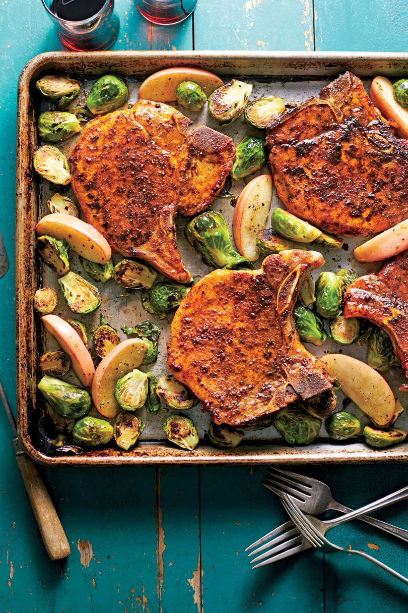 sianliha Chops with Roasted Apples and Brussels Sprouts