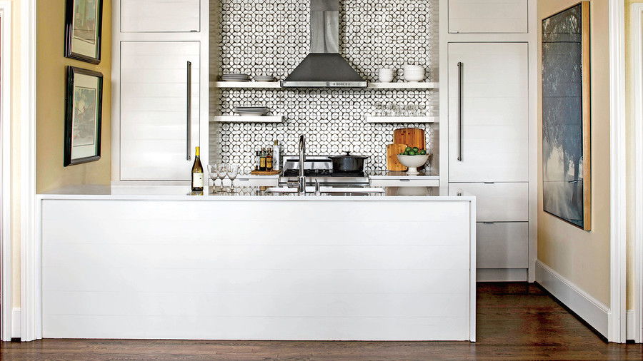 चमकदार White Kitchen with Tile Backsplash