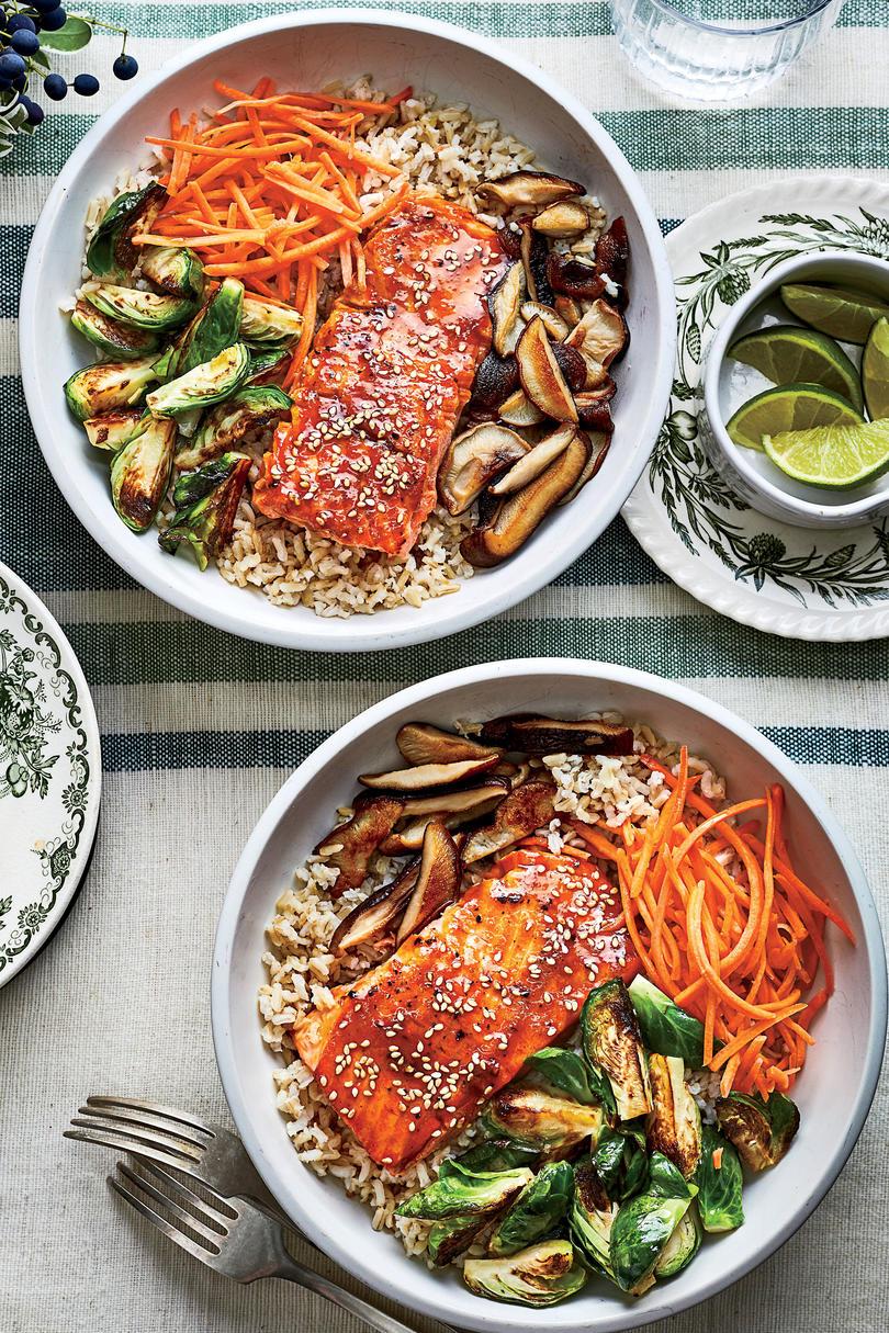 teriyaki Salmon Bowls with Crispy Brussels Sprouts