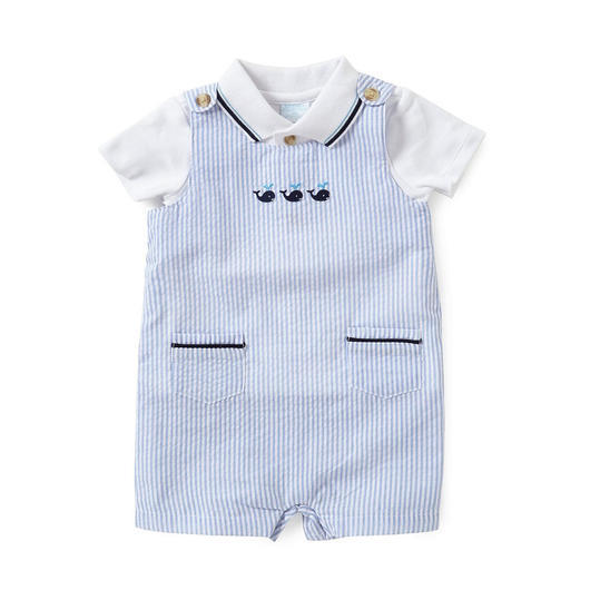 Edgehill Collection Polo Shirt & Whale-Embroidered Striped Seersucker Shortall Set