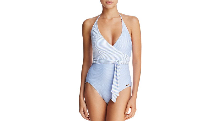 विन्स Camuto V-Neck Wrap Tie One Piece Swimsuit in Lagoon